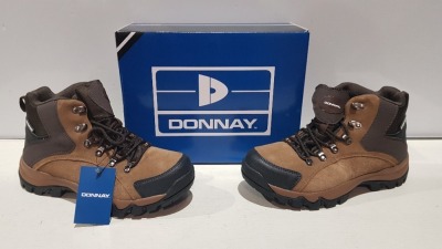 20 X BRAND NEW DONNAY SUEDE HI SN99 BOOTS IN BROWN/ BLACK ALL IN SIZE UK 8 IN 4 BOXES (PLEASE NOTE - ALTHOUGH MOST BOXES ARE FACTORY SEALED WE HAVE IDENTIFIED SOME MINOR MANUFACTURING IMPERFECTIONS ON EXAMINATION - SEE SUPPLEMENTARY IMAGE & BID ACCORDINGL