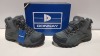 20 X BRAND NEW DONNAY SUEDE HI SN99 BOOTS IN GREY/ BLACK ALL IN SIZE UK 8 IN 4 BOXES (PLEASE NOTE - ALTHOUGH MOST BOXES ARE FACTORY SEALED WE HAVE IDENTIFIED SOME MINOR MANUFACTURING IMPERFECTIONS ON EXAMINATION - SEE SUPPLEMENTARY IMAGE & BID ACCORDINGLY