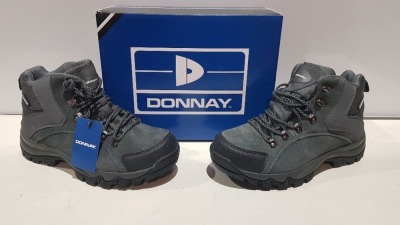 20 X BRAND NEW DONNAY SUEDE HI SN99 BOOTS IN GREY/ BLACK ALL IN SIZE UK 8 IN 4 BOXES (PLEASE NOTE - ALTHOUGH MOST BOXES ARE FACTORY SEALED WE HAVE IDENTIFIED SOME MINOR MANUFACTURING IMPERFECTIONS ON EXAMINATION - SEE SUPPLEMENTARY IMAGE & BID ACCORDINGLY