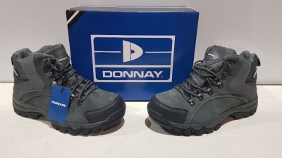 20 X BRAND NEW DONNAY SUEDE HI SN99 BOOTS IN GREY/ BLACK ALL IN SIZE UK 8 IN 4 BOXES (PLEASE NOTE - ALTHOUGH MOST BOXES ARE FACTORY SEALED WE HAVE IDENTIFIED SOME MINOR MANUFACTURING IMPERFECTIONS ON EXAMINATION - SEE SUPPLEMENTARY IMAGE & BID ACCORDINGLY