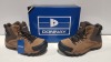 20 X BRAND NEW DONNAY SUEDE HI SN99 BOOTS IN BROWN/ BLACK ALL IN SIZE UK 7 IN 4 BOXES (PLEASE NOTE - ALTHOUGH MOST BOXES ARE FACTORY SEALED WE HAVE IDENTIFIED SOME MINOR MANUFACTURING IMPERFECTIONS ON EXAMINATION - SEE SUPPLEMENTARY IMAGE & BID ACCORDINGL