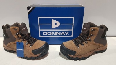 20 X BRAND NEW DONNAY SUEDE HI SN99 BOOTS IN BROWN/ BLACK ALL IN SIZE UK 7 IN 4 BOXES (PLEASE NOTE - ALTHOUGH MOST BOXES ARE FACTORY SEALED WE HAVE IDENTIFIED SOME MINOR MANUFACTURING IMPERFECTIONS ON EXAMINATION - SEE SUPPLEMENTARY IMAGE & BID ACCORDINGL