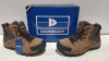 20 X BRAND NEW DONNAY SUEDE HI SN99 BOOTS IN BROWN/ BLACK ALL IN SIZE UK 7 IN 4 BOXES (PLEASE NOTE - ALTHOUGH MOST BOXES ARE FACTORY SEALED WE HAVE IDENTIFIED SOME MINOR MANUFACTURING IMPERFECTIONS ON EXAMINATION - SEE SUPPLEMENTARY IMAGE & BID ACCORDINGL