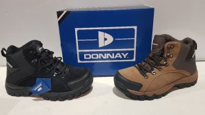 18 X BRAND NEW DONNAY SUEDE HI SN99 BOOTS IN MIXED COLOURS 14 IN BLACK AND 4 IN BROWN / BLACK ALL IN SIZE UK 7 IN 4 BOXES (PLEASE NOTE - ALTHOUGH MOST BOXES ARE FACTORY SEALED WE HAVE IDENTIFIED SOME MINOR MANUFACTURING IMPERFECTIONS ON EXAMINATION - SEE 