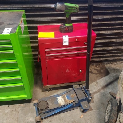 3 X MIXED LOT CONTAINING BLUE POINT LOW SERVICE JACK - CAPACITY 2 ,000 KG , CORDLESS SNAP - ON IMPACT DRILL WITH BATTERY , TORIN ROLLING TOOL CHEST.