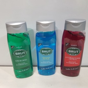 60 X BRAND NEW BRUT ALL IN ONE SHOWER GELS - IN 3 TYPES GREEN - ORIGINAL / RED - ATTRACTION TOTALE / BLUE - SPORT STYLE - ALL IN 500ML BOTTLES