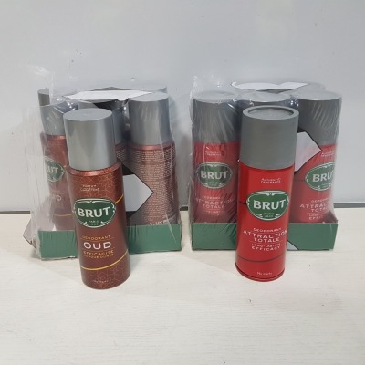 12 PACKS OF 6 BRUT DEODORANTS - 200ML SPRAY CANS 48 X MUSK / 24 X ATTRACTION TOTALE