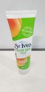 18 X BRAND NEW PACKS OF 12 ST.IVES FRESH SKIN SCRUB - APRICOT - 30 ML ( 216 TOTAL ) AND ALSO TO INCLUDE 60 X BRAND NEW ST.IVES CLEANING STICKS - 42 X IN APRICOT & MAKUNA HONEY AND 18 X IN MATCHA & GREEN TEA & GINGER - ALL 45G STICKS