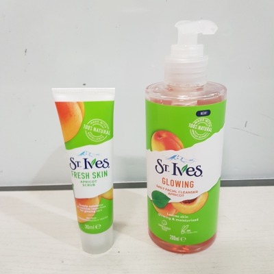 54 X BRAND NEW PIECE MIXED LOT TO INCLUDE 30 X ST IVES 200ML DAILY FACE CLEANSERS IN TEA TREE AND APRICOT - 24 X ST IVES 30ML FRESH SKIN APRICOT SCRUB