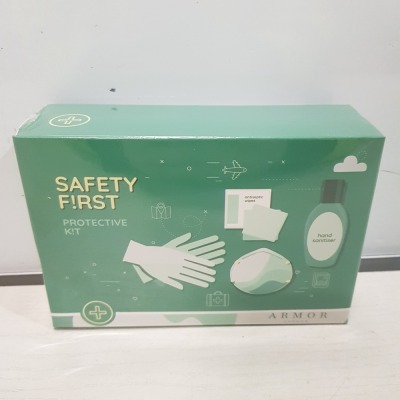 100 X BRAND NEW ARMOUR SAFETY FIRST PROTECTIVE KITS TO INCLUDE FACE MASK - HAND SANITIZER - WIPES - GLOVES - CARRY POUCH