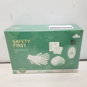 100 X BRAND NEW ARMOUR SAFETY FIRST PROTECTIVE KITS TO INCLUDE FACE MASK - HAND SANITIZER - WIPES - GLOVES - CARRY POUCH