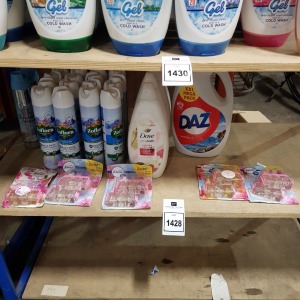 27 X BRAND NEW MIXED LOT CONTAINING / 1 X XXL DAZ WHITES AND COLOURS LIQUID / 4 X DOVE CARING BATH WINTER JASMINE CREAM / 16 X ZOFLORA DISINFECTANT MIST MOUNTAIN AIR / 2 X 1001 CARPET FRESH SPRAY / 4 X PACK OF 2 FEBREZE 3 VOLUTION VILES ETC