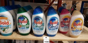 25 X BRAND NEW BOLD LAUNDRY GELS IN VARIOUS SCENTS TO INCLUDE SPRING AWAKENING / ORANGE BLOSSOM & COASTAL CYPRESS / GOLD ORCHID / SANDALWOOD & EUCALYPTUS / PINK BLOSSOM - MOST IN 980ML BOTTLES - SOME IN 1056ML