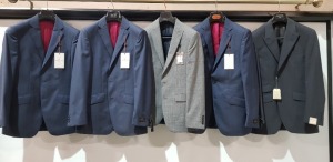 5 X BRAND NEW MIXED BLAZERS LOT CONTAINING 4 SIMON CARTER IN 3 IN NAVY BLUE AND 1 IN LIGHT GREY IN SIZES 38R AND 36R , 1 HOWICK IN CHARCOAL IN SIZE 36R