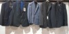 5 X BRAND NEW MIXED BLAZERS LOT CONTAINING 2 ALEXANDRE OF ENGLAND IN NAVY BLUE AND BLACK IN SIZE 48R AND 42R , 1 KENNETH COLE IN NAVY BLUE SIZE 38S , 1 BEN SHERMAN IN CHEQUERED NAVY BLUE IN SIZE 44LONG , 1 HOUSE OF FRASER IN CHARCOAL SIZE 40 L