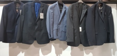 5 X BRAND NEW MIXED BLAZERS LOT CONTAINING 2 ALEXANDRE OF ENGLAND IN NAVY BLUE AND BLACK IN SIZE 48R AND 42R , 1 KENNETH COLE IN NAVY BLUE SIZE 38S , 1 BEN SHERMAN IN CHEQUERED NAVY BLUE IN SIZE 44LONG , 1 HOUSE OF FRASER IN CHARCOAL SIZE 40 L