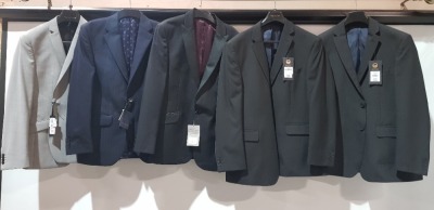 5 X BRAND NEW MIXED BLAZERS LOT CONTAINING 2 SCOTT & TAYLOR IN BLACK AND CHARCOAL IN SIZE 46 SHORT AND 42R , 1 ALEXANDRE IN BLACK IN SIZE 42R , 1 TURNER & SANDERSON IN NAVY BLUE IN SIZE 36R , 1 KENNETH COLE IN GREY/ BLACK IN SIZE 38LONG