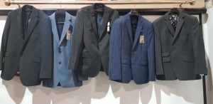 5 X BRAND NEW MIXED BLAZERS LOT CONTAINING 2 SCOTT & TAYLOR IN CHARCOAL AND GREY IN SIZE 42R AND 40R , 1 SIMON CARTER IN NAVY BLUE SIZE 40R , 1 ALEXANDRE OF ENGLAND IN BLUE SIZE 38 , 1 PIERRE CARDIN IN BLACK IN SIZE 44