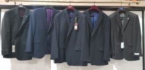 5 X BRAND NEW MIXED BLAZERS LOT CONTAINING 3 SKOPES IN NAVY BLUE IN SIZE 50L AND 44 SHORT , 1 CHESTER IN CHARCOAL SIZE 38R , 1 ALEXANDRE IN BLACK SIZE 42 LONG