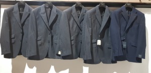 5 X BRAND NEW HOWICK BLAZERS IN NAVY BLUE AND CHARCOAL IN SIZES 44LONG , 38R , 42 SHORT , 40R AND 36R (NOTE SOME DIRT MARKS )