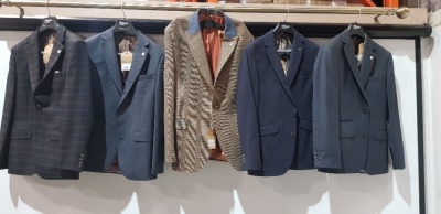 5 X BRAND NEW GIBSON LONDON BLAZERS IN BLUE , NAVY BLUE , BROWN AND DARK MULTI - COLOURED SIZES 36R AND 34R ,