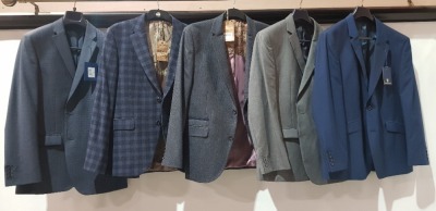 5 X BRAND NEW MIXED BLAZERS LOT CONTAINING 3 ASTON GUNN IN BLUE , NAVY BLUE AND GREY IN SIZE 38LONG , 46SHORT , AND 44R , 2 GIBSON LONDON IN BLUE AND NAVY IN SIZE 40R