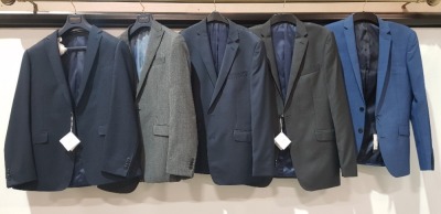 5 X BRAND NEW MIXED BLAZERS LOT CONTAINING 4 RICHARD JAMES MAYFAIR IN NAVY BLUE , GREY AND CHARCOAL IN SIZE 42R ,38 LONG , 42 SHORT , 42 LARGE , AND 1 KENNETH COLE IN NAVY BLUE SIZE 38 LONG