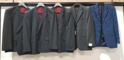 5 X BRAND NEW MIXED BLAZERS LOT CONTAINING 3 JONATHON CHARLES IN NAVY BLUE STRIPED IN SIZE 54 , AND 2 HOWICK IN CHARCOAL AND NAVY BLUE IN SIZE 40 LONG AND 38 LONG