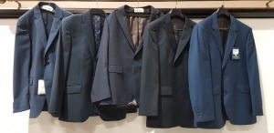 5 X BRAND NEW MIXED BLAZERS LOT CONTAINING 2 ASTON & GUNN IN BLACK AND NAVY BLUE IN SIZE 42 SHORT AND 44 SHORT , 1 TURNER & SANDERSON IN NAVY BLUE IN SIZE 40S , 1 TIGER OF SWEDEN IN NAVY BLUE IN SIZE 38 , 1 CHESTER IN NAVY BLUE IN SIZE 40 SHORT