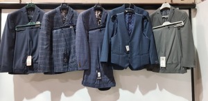 5 X BRAND NEW MIXED BLAZERS LOT CONTAINING 2 BEN SHERMAN IN CHEQUERED NAVY WITH MATCHING PANTS IN SIZE 42R AND 34R , 1 RACING GREEN IN NAVY BLUE WITH MATCHING PANTS SIZE 38R , 1 SCOTT & TAYLOR IN GREY WITH MATCHING PANTS IN SIZE 40R , 1 TURNER & SANDERSON