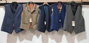 17 X BRAND NEW MIXED WAISTCOATS LOT CONTAINING RACING GREEN IN GREY SIZE 53 REG , GIBSON LONDON IN BLUE / MULTI-COLOURED IN SIZE 40 , RICHARD JAMES IN NAVY BLUE IN SIZE 42 REG , GIBSON LONDON IN FAWN IN SIZE 38 REG ETC