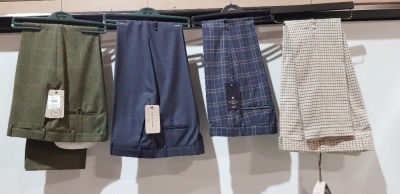 13 X MIXED BRAND NEW TROUSERS LOT CONTAINING PATRICK GRANT IN NATURAL CHECK IN SIZE 38 , SCOTT & TAYLOR IN NAVY BLUE SIZE 34 , ALEXANDRE OF ENGLAND IN GREY IN SIZE 34 , BEN SHERMAN IN NAVY BLUE IN SIZE 32 , ETC