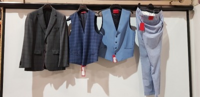 4 X BRAND NEW MIXED HUGO BOSS LOT CONTAINING 1 BLAZER IN GREY IN SIZE 46 , 2 WAISTCOATS IN NAVY BLUE AND LIGHT BLUE IN SIZE 56 AND 42 , 1 PAIR OF TROUSERS IN LIGHT BLUE IN SIZE 3XL