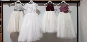 8 X BRAND NEW LINZI JAY KIDS MIXED DRESSES LOT CONTAINING WHITE & GREY FLORAL DRESS IN SIZE 3 , PURPLE & WHITE IN SIZE 6, PEACH & WHITE SIZE 4 ETC