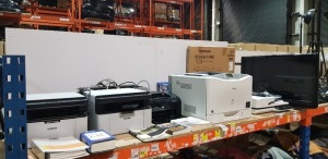 MIXED OFFICE EQUIPMENT LOT CONTAINING F & H TV , MEDIDIAN LED BACKLIT PANEL , BROTHER PRINTER SCANNERS , HP SCANJET PRO , CANON PRINTER , HP LASER JET PRINTER ETC ON A FULL BAY