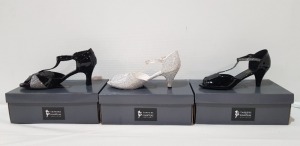 40 X BRAND NEW MIXED TAPPERS AND POINTERS DANCE SHOE LOT TO INCLUDE CHLOE SILVER HOLOGRAM 2.52 SLIM SHOES - CRYSTAL BLACK PATENT 2.5 SLIM SHOES - KATIE BLACK PATENT 2.5 FLARED SHOES IN SIZES 3H-4H-6H-7H