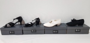 40 X BRAND NEW MIXED TAPPERS AND POINTERS DANCE SHOE LOT TO INCLUDE BLACK CANVAS SHOES - BLACK DUO HEELED SHOES - BLACK PATENT FLARED SHOES - BLACK PATENT SLIM SHOES IN SIZES - 3 - 4- 7 - 8