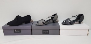 40 X BRAND NEW MIXED TAPPERS AND POINTERS DANCE SHOE LOT TO INCLUDE BLACK CANVAS SHOES - BLACK LAME BALLROOM SHOES - IN SIZES 2-5-6-7