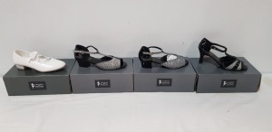 40 X BRAND NEW MIXED TAPPERS AND POINTERS DANCE SHOE LOT TO INCLUDE BLACK PATENT FLARED SHOES - WHITE PU SHOES - BLACK DUO HEELED SHOES - BLACK PATENT FLARED SHOES IN SIZES 5 AND 7