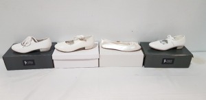 40 X BRAND NEW MIXED TAPPERS AND POINTERS DANCE SHOE LOT TO INCLUDE WHITE PU HEELED SHOES - WHITE SATIN OPERA SHOES IN SIZES 4-6-8