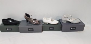 40 X BRAND NEW MIXED TAPPERS AND POINTERS DANCE SHOE LOT TO INCLUDE WHITE PU SHOES - SILVER HOLOGRAM CHLOE HEEL SHOES - PEWTER GRACE FLARED SHOES - WHITE CANVAS SHOES - IN MIXED SIZES - TRAYS INCLUDED