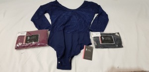 100 + PIECE BRAND NEW MIXED TAPPERS AND POINTERS LOT TO INCLUDE CURVED NECKLINE LACE OVER BODY SUITS IN NAVY - BURGUNDY - BLACK - HIPSTER MICRO SHORTS IN BLACK - BELTS - ETC ALL IN VARIOUS SIZES IN 5 BOXES