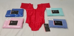 100 + PIECE BRAND NEW MIXED TAPPERS AND POINTERS LOT TO INCLUDE CAPPED SLEEVE PINCH FRONT TOPS IN AQUA-RED-BLACK - COTTON HEAD BANDS IN PLUM - PURPLE - SHORT SLEEVED RUCHED FRONT LEOTARDS IN ROYAL - PINK - RED ETC ALL IN VARIOUS SIZES IN 5 BOXES