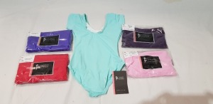 100 + PIECE BRAND NEW MIXED TAPPERS AND POINTERS LOT TO INCLUDE LONG SLEEVED LEOTARDS IN RED-PURPLE-PINK - CAPPED SLEEVE PINCH FRONT BODYSUITS IN MINT - BLACK - PINK - SLEEVELESS LEOTARDS IN PINK-GREEN-BLUE LL IN VARIOUS SIZES IN 5 BOXES