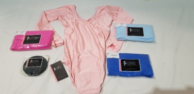 100 + PIECE BRAND NEW MIXED TAPPERS AND POINTERS LOT TO INCLUDE LONG SLEEVED LEOTARDS IN PINK - BLUE - GREN - 3/4 LENGTH SLEEVE PLAIN FRONT BODYSUITS - NARROW STRAPPED BODYSUITS IN BLUE-PINK- SLEEVELESS PLAIN LEOTARDS ETC ALL IN VARIOUS SIZES IN 5 BOXES