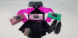 100 + PIECE BRAND NEW MIXED TAPPERS AND POINTERS LOT TO INCLUDE DANCE SHOES - CROP TOPS AND SHORTS - FACE MASK IN VARIOUS DESIGNS - SHORT SLEEVED BODYSUIT - LONG SLEEVED VELVET DRESS - LONG SLEEVED LEOTARDS ETC ALL IN VARIOUS SIZES IN 5 BOXES