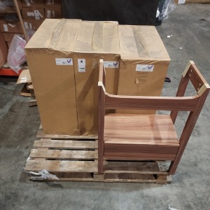 9 PC BATHROOM LOT IE. 5 X BRAND NEW FREESTANDING 2 DOOR VANITY UNIT - IN WALNUT - L 500 X D 48 X H 82 CM 4 X BRAND NEW SENDAI G650 OPEN WASHBASIN STAND - IN DIJON WALNUT ( 29310 / 372 ) - ON 2 PLTS