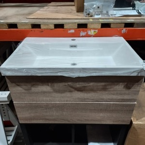 1 X BRAND NEW 750 WALL HUNG 2 DRAWER VANITY UNIT - IN NATURAL OAK COLOUR - INCLUDES 1 X ELATION NARA 750 GELSTONE BASIN - MATCHING SET