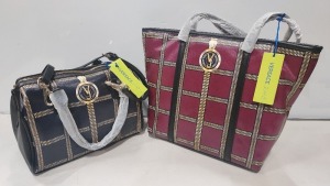 2 X BRAND NEW MIXED VERSACE JEANS BAG LOT TO INCLUDE 1X VERSACE JEANS PRINTED BAG IN WINE SIZE L-35CM - H-30CM - D-13CM - 1X VERSACE JEANS PRINTED BAG IN NAVY SIZE - L-30CM - H-20CM - D-13CM (CLG CODE AUTHENTICATED)