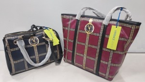 2 X BRAND NEW MIXED VERSACE JEANS BAG LOT TO INCLUDE 1X VERSACE JEANS PRINTED BAG IN WINE SIZE L-35CM - H-30CM - D-13CM - 1X VERSACE JEANS PRINTED BAG IN NAVY SIZE - L-30CM - H-20CM - D-13CM (CLG CODE AUTHENTICATED)